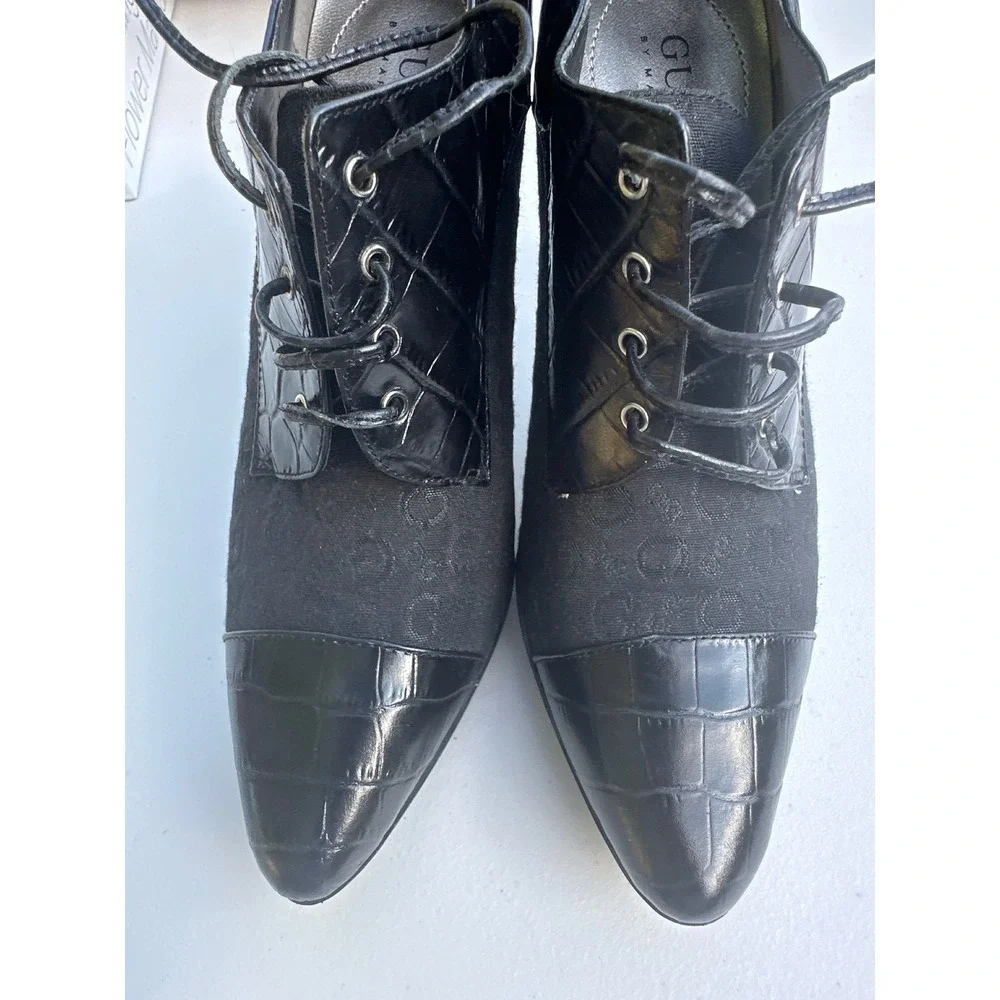 Guess by‎ Marciano Womens Black Croc Embossed Monogram Lace Up Shooties Heels 7M